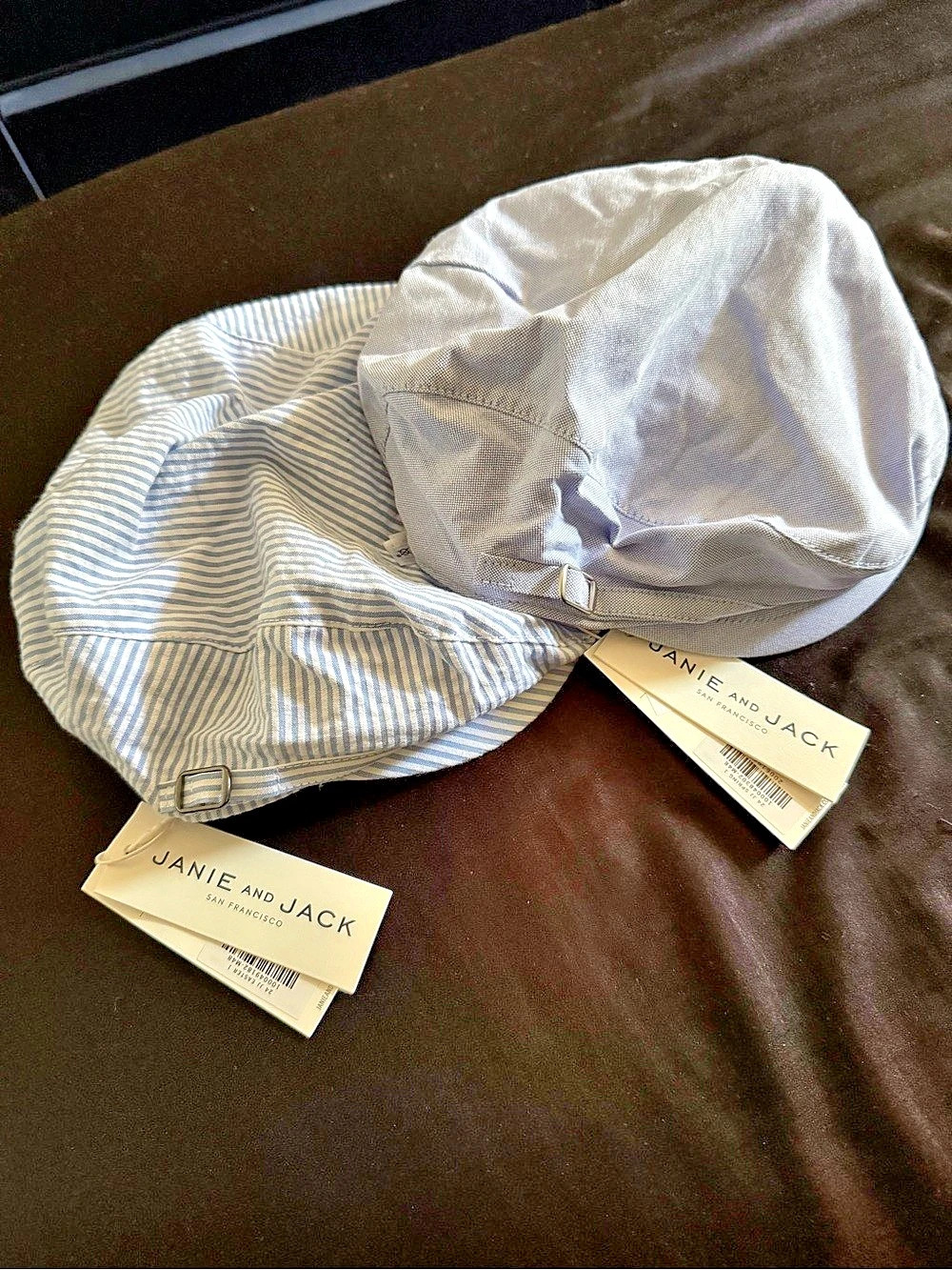 Jan﻿ie and Jack Newsboy Baby Blue & White Striped Caps NWT